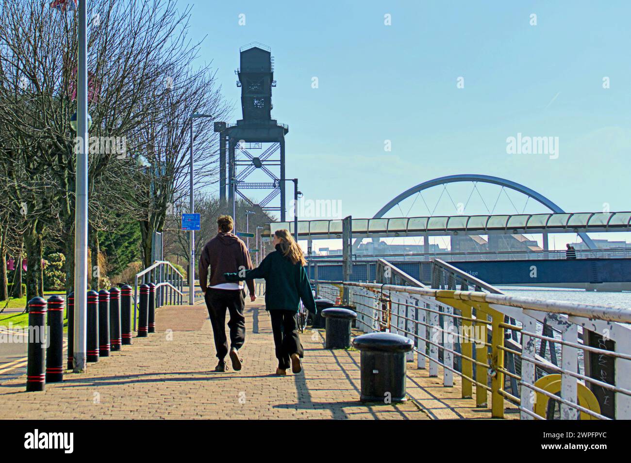 Glasgow, Scotland, UK. 7th March, 2024: UK Weather:  Sunny in the city saw locals and tourists on the streets of the city centre.  The clyde walkway at the plaza hotel.Credit Gerard Ferry/Alamy Live News Stock Photo