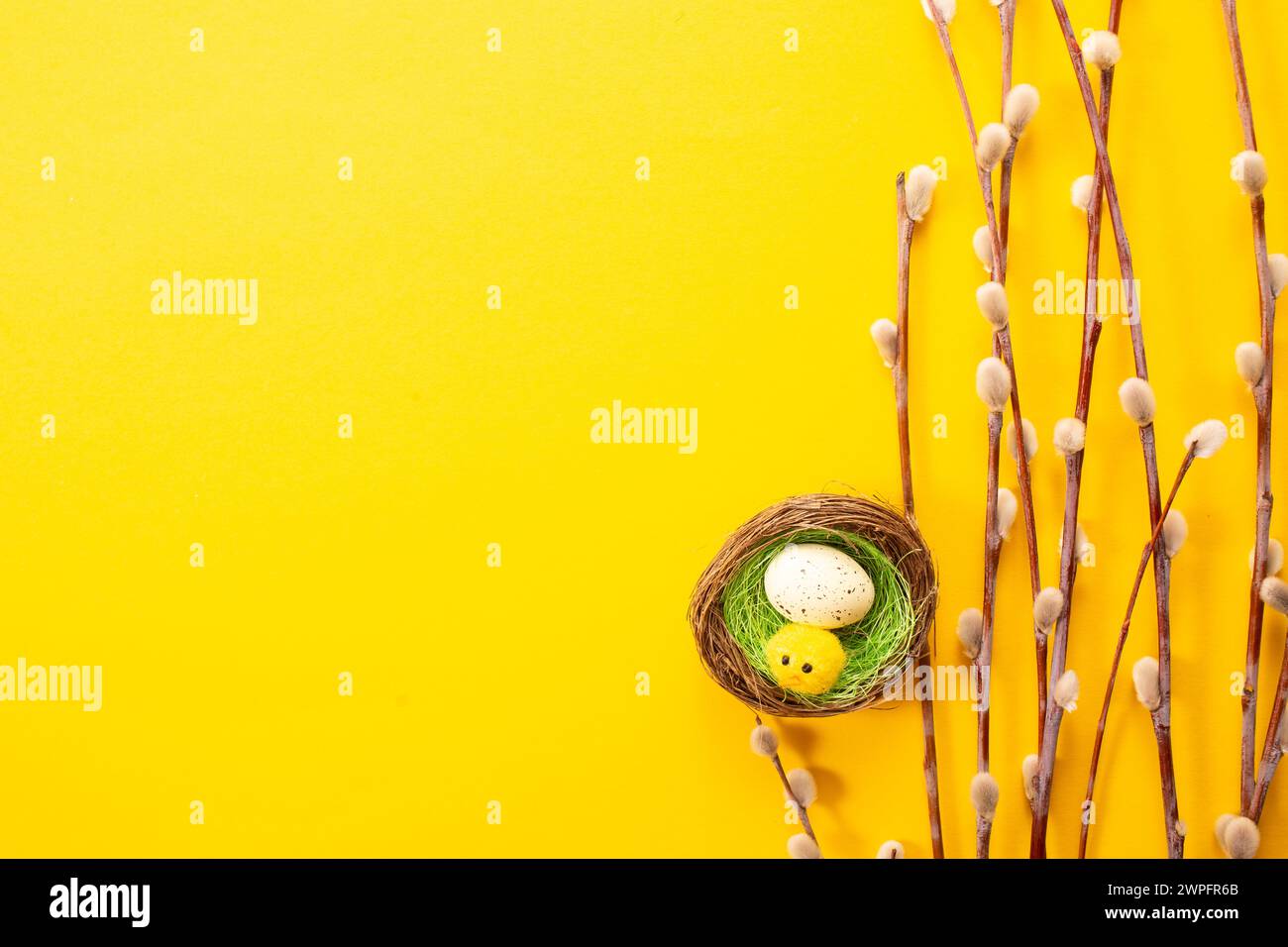 Easter eggs on yellow background. Greetings card, Happy Easters. Flat lay ,top view Stock Photo