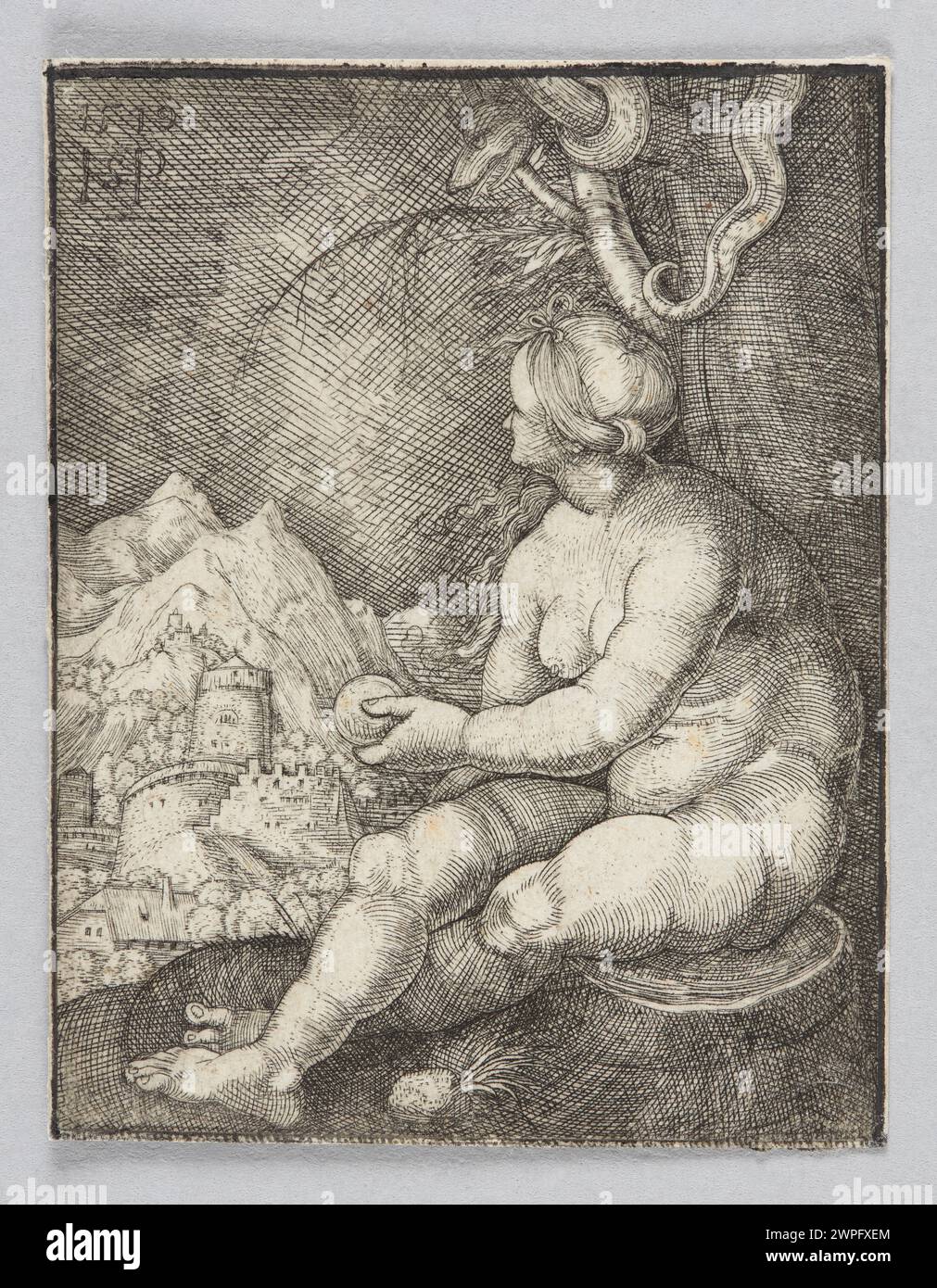 Engraving 'Ewa Sitz' by Sebald Beham, 1519 first edition, depicting 16th-century German figure art, compositional detail, and printmaking technique. Stock Photo