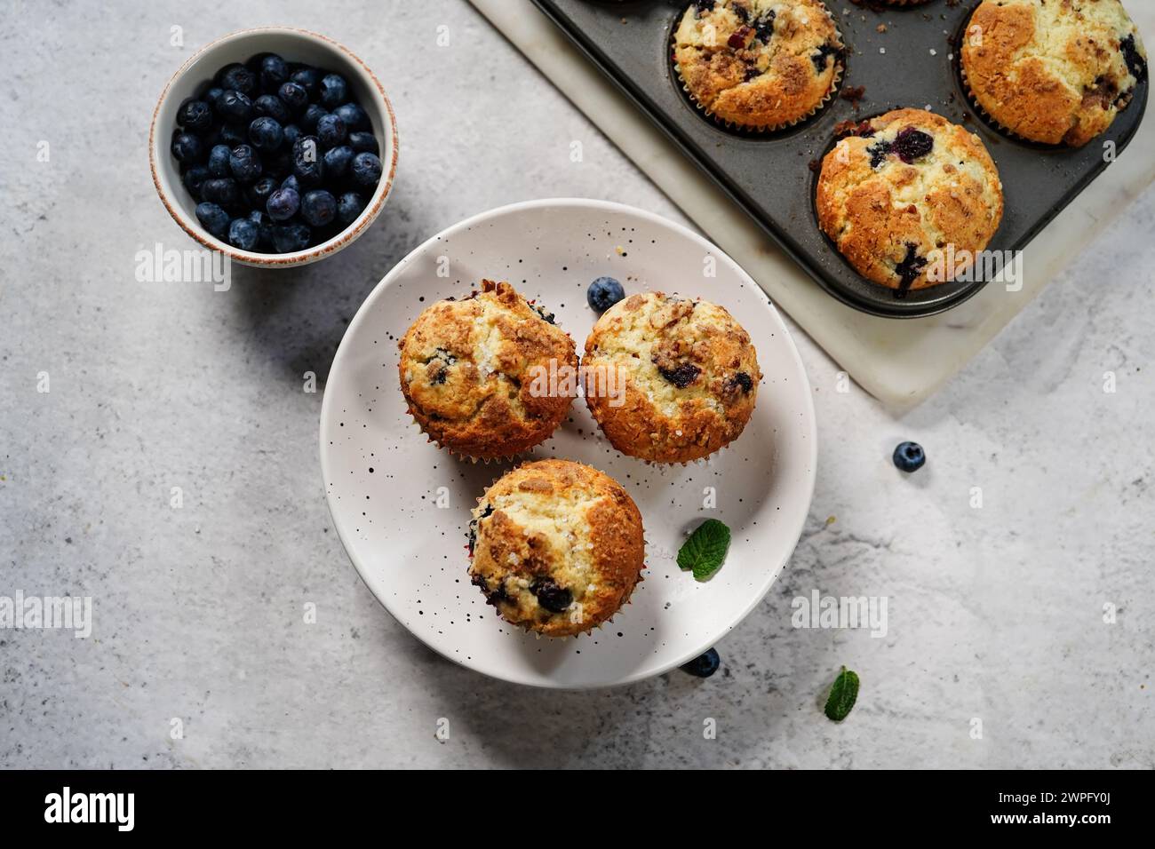 Homemade Blueberry Coffee cake muffins with streusel topping Stock