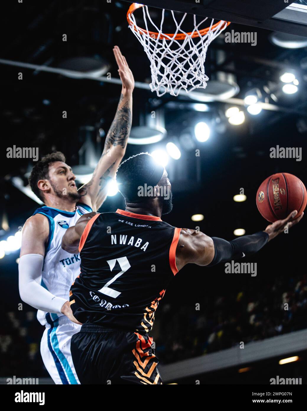 London Lions defeat Turk Telecom Ankara 100-77 to qualify for the BKT Eurocup quarter finals. 6 March 2024 at Copperbox Arena, London, UK. Lions' David Nwaba. copyright caroljmoir/Alamy Stock Photo