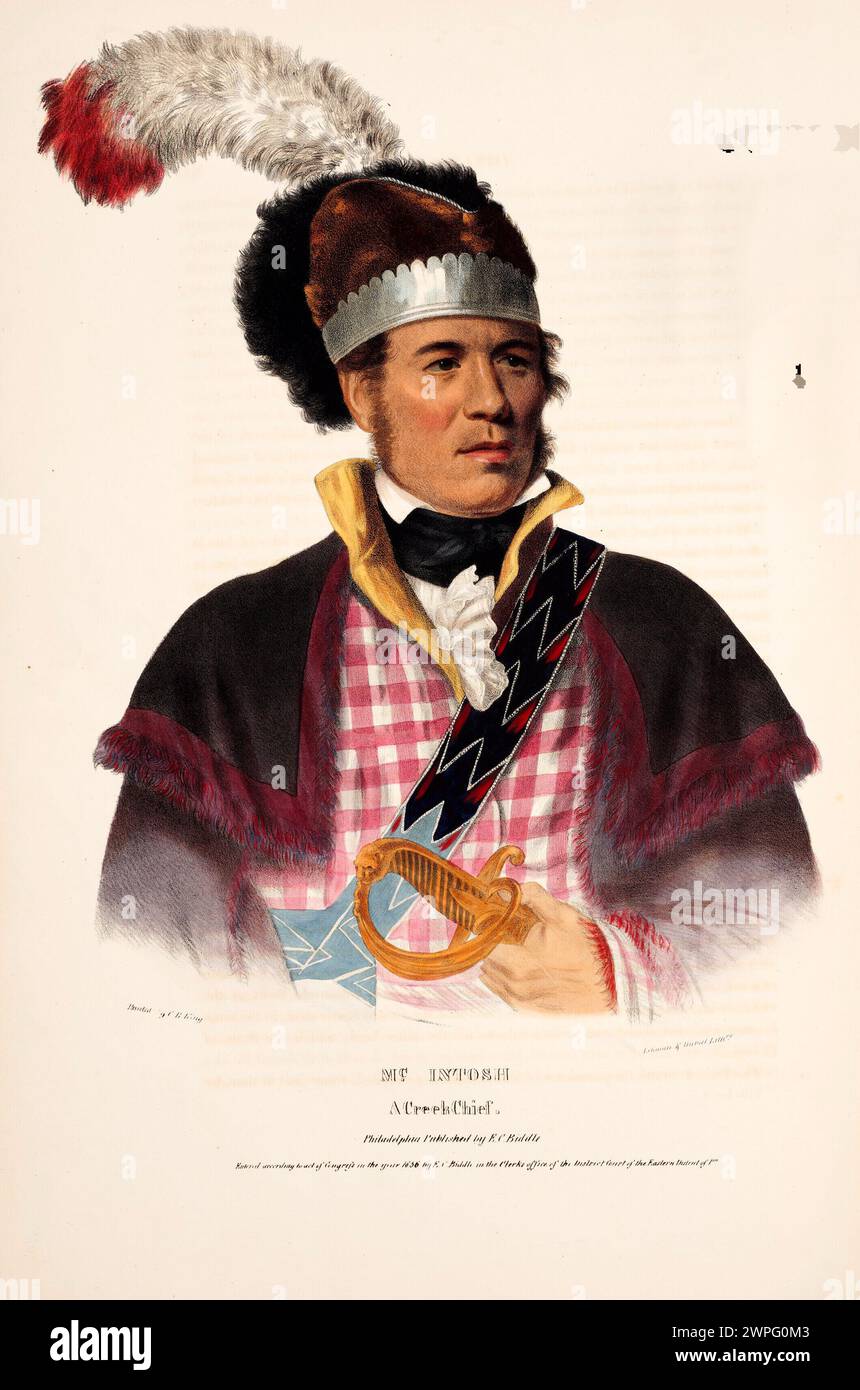 Vintage Lithograph 'McIntosh, a Creek Chief'  by McKenney & Hall.  From History of the Indian Tribes of North America. Philadelphia: Edward C. Biddle, 1836; Frederick W. Greenough, 1838; Daniel Rice and James G. Clark, 1844. Stock Photo