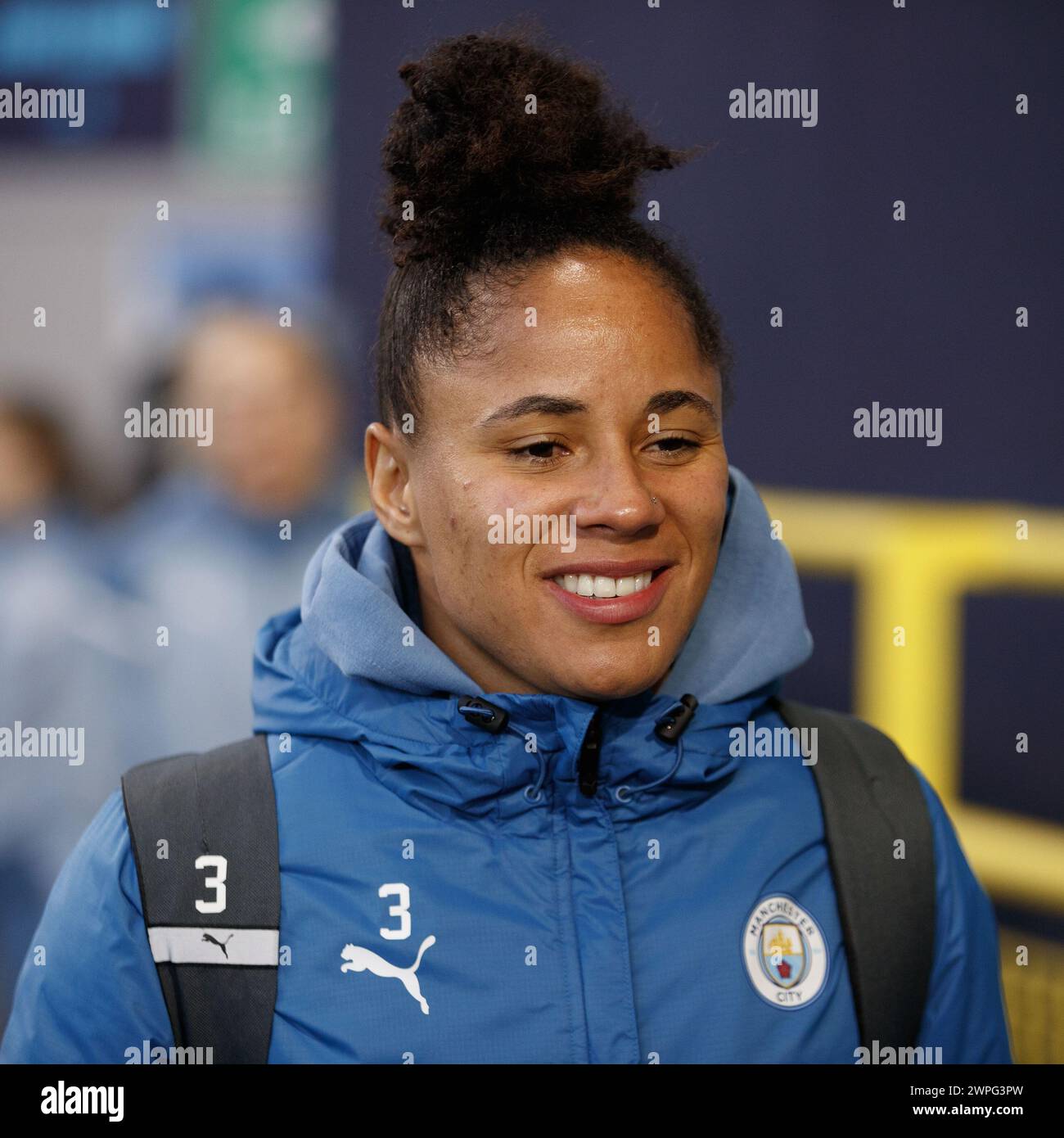 Demi Stokes 3 of Manchester City arriving at the Joie Stadium during the THE FA Women