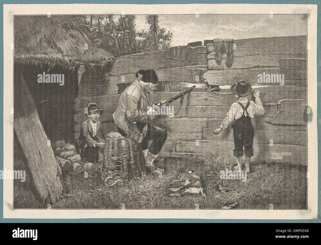 Olden Days Rabbit Catching Scene depicting hunters ambushing rabbits between 1880 and 1890 ...