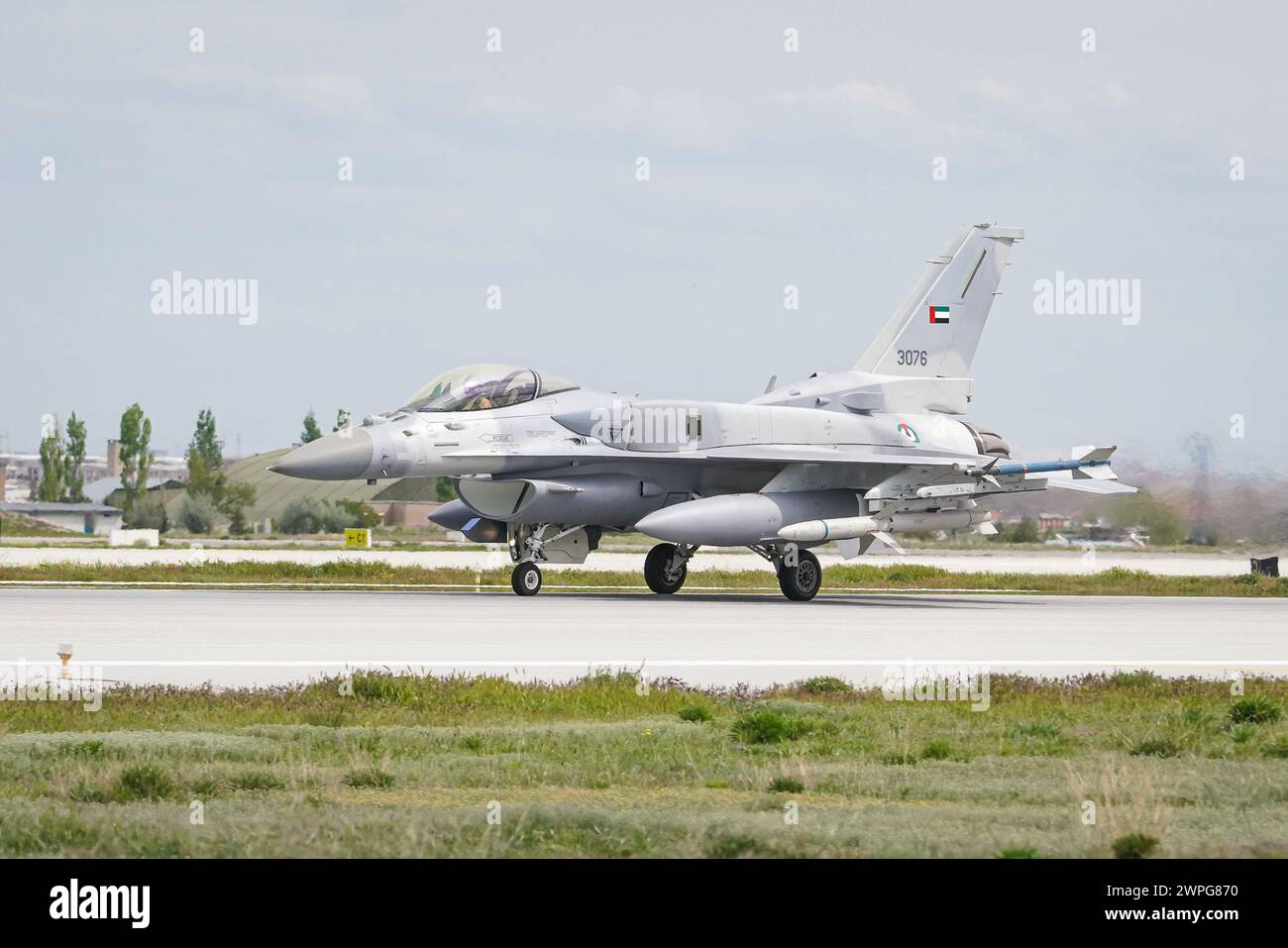 KONYA, TURKIYE - MAY 09, 2023: United Arab Emirates Air Force Lockheed Martin F-16E Desert Falcon (RE-51) take-off from Konya Airport during Anatolian Stock Photo