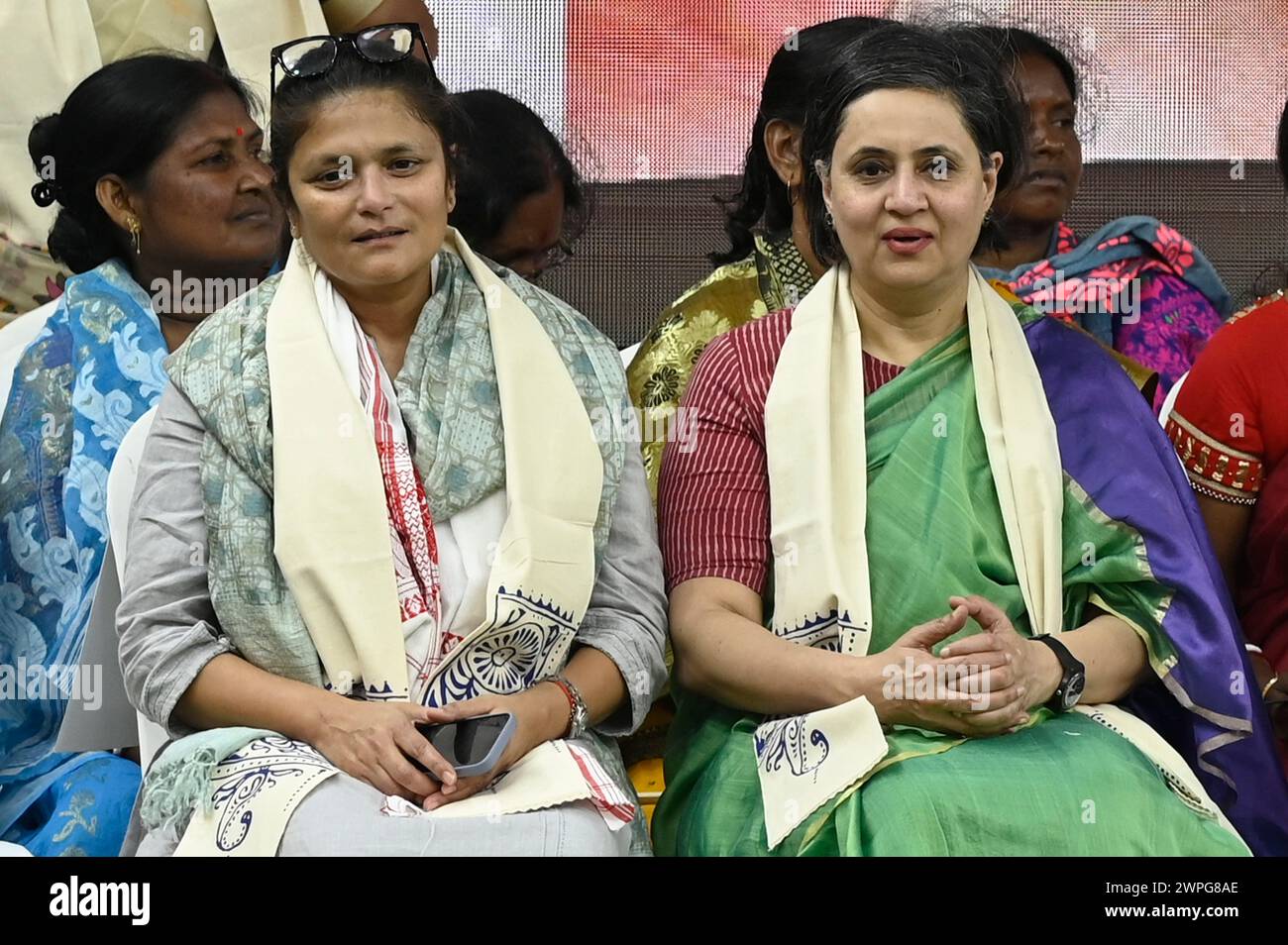 Kolkata, India. 07th Mar, 2024. KOLKATA, INDIA - MARCH 7: Trinamool Congress (TMC) MP Sagarika Ghose and Sushmita Deb in a rally on the eve of International Women's Day on March 7, 2024 in Kolkata, India. West Bengal chief minister Mamata Banerjee on Thursday accused the Bharatiya Janata Party (BJP) of spreading false information about Sandeshkhali, where women have accused TMC leaders of sexually abusing them, and asserted that the state is the safest place in the country for women. (Photo by Samir Jana/Hindustan Times/Sipa USA ) Credit: Sipa USA/Alamy Live News Stock Photo