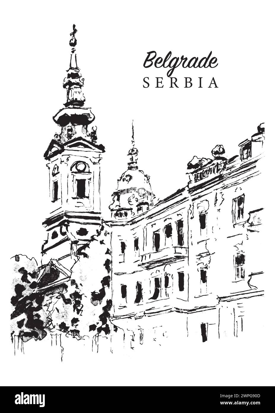 Vector hand drawn sketch illustration of the Michael the Archangel Church in Belgrade, Serbia. Stock Vector
