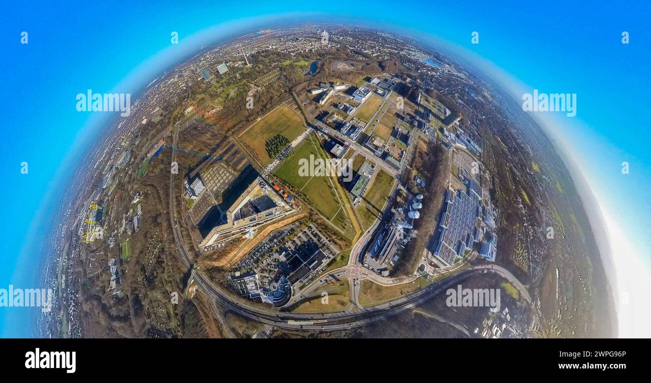 Luftbild, Technologiepark Gewerbegebiet Phoenix West, Innovationsstandort und Wirtschaftsförderung, Erdkugel, Fisheye Aufnahme, Fischaugen Aufnahme, 360 Grad Aufnahme, tiny world, little planet, fisheye Bild, Hörde, Dortmund, Ruhrgebiet, Nordrhein-Westfalen, Deutschland ACHTUNGxMINDESTHONORARx60xEURO *** Aerial view, technology park industrial park Phoenix West, innovation location and business development, globe, fisheye image, 360 degree image, tiny world, little planet, fisheye image, Hörde, Dortmund, Ruhr area, North Rhine-Westphalia, Germany ACHTUNGxMINDESTHONORARx60xEURO Stock Photo