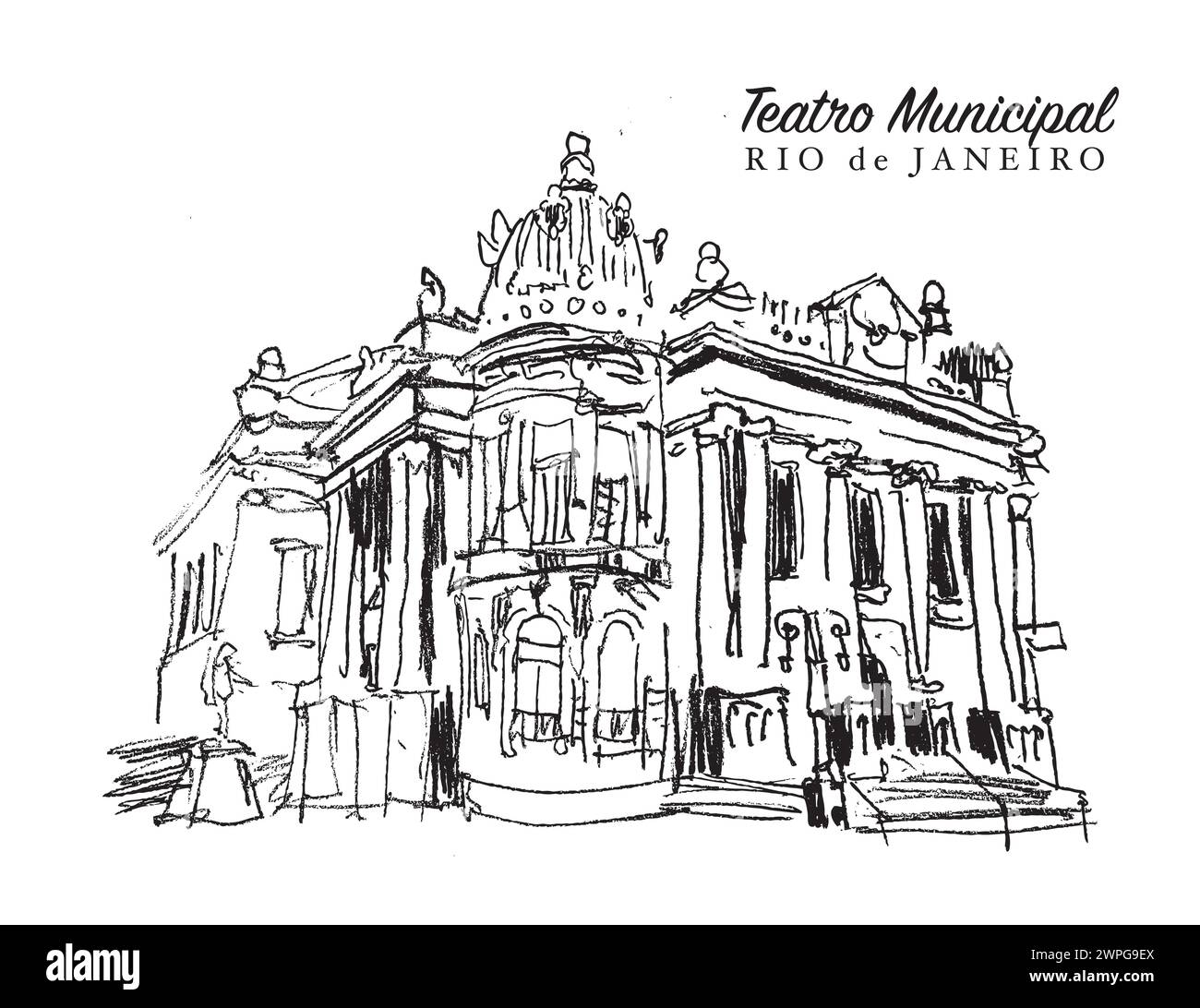 Vector hand drawn sketch illustration of the Municipal Theater of Rio de Janeiro, Brazil Stock Vector