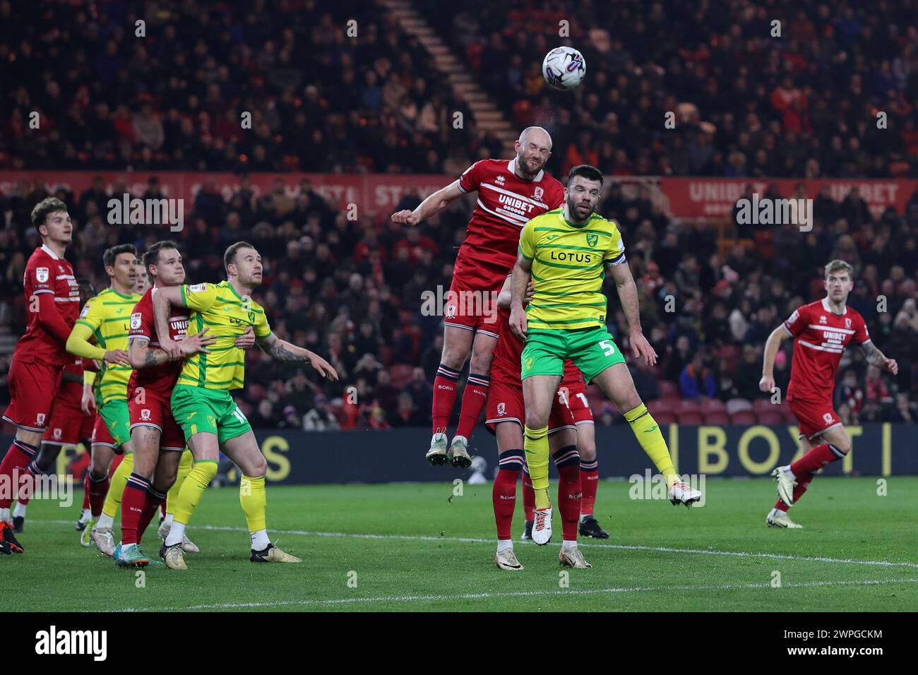 Middlesbrough's Matthew Clarke challenges for a header with Norwich City's Grant Hanley during the Sky Bet Championship match between Middlesbrough and Norwich City at the Riverside Stadium, Middlesbrough on Wednesday 6th March 2024. (Photo: Mark Fletcher | MI News) Credit: MI News & Sport /Alamy Live News Stock Photo