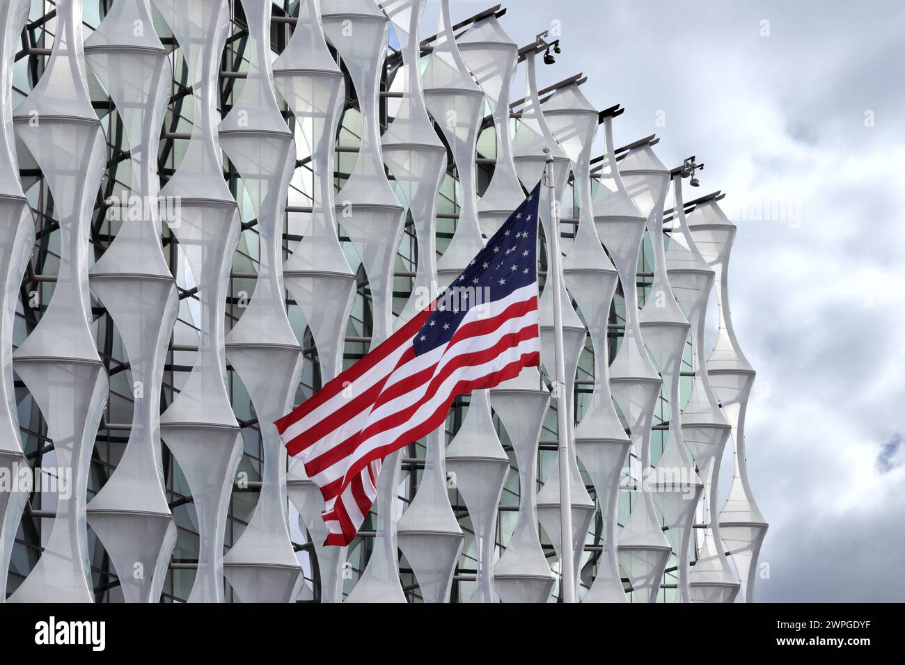 American flag waving at the Embassy of the United States of America in the United Kingdom, the diplomatic mission of the US in London, Nine Elms Stock Photo