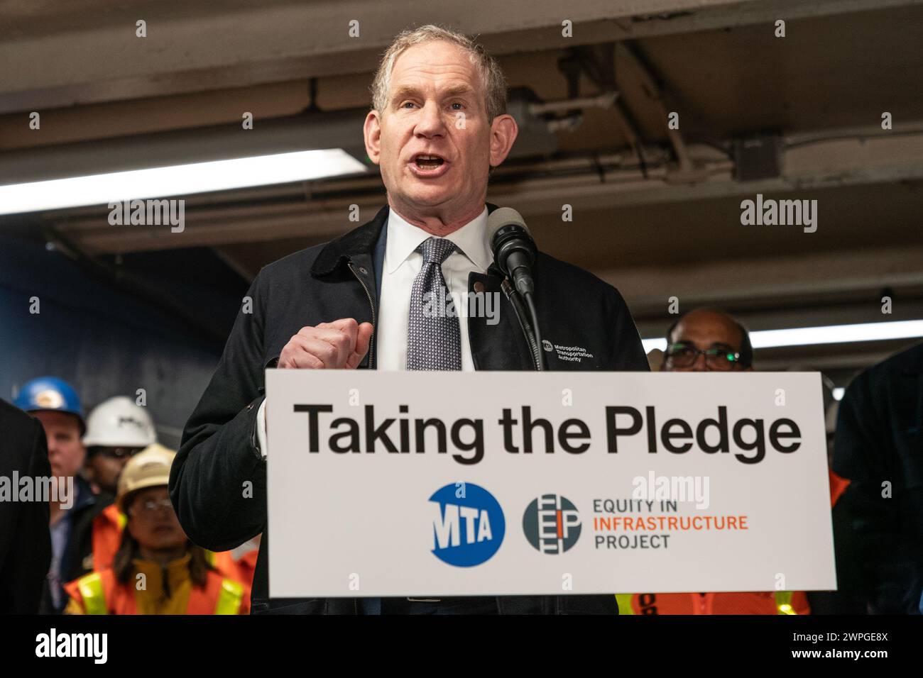 Janno Lieber, MTA Chair and CEO speaks during MTA announcement at 14th street subway station in New York on March 7, 2024 Stock Photo