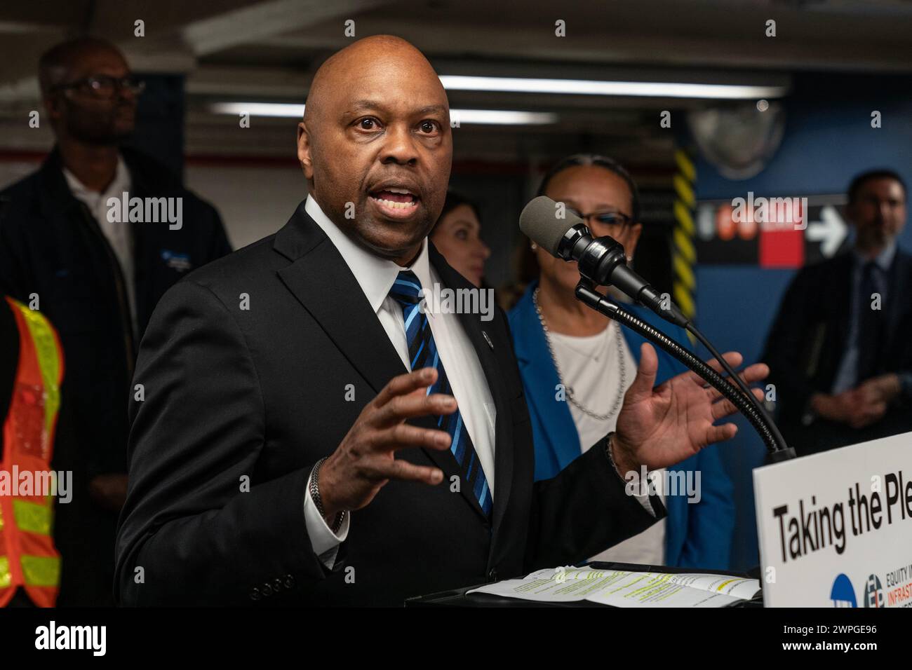 Phillip Washington, Denver International Airport CEO and Equity in Infrastructure Project Chair speaks during MTA announcement at 14th street subway station in New York on March 7, 2024 Stock Photo