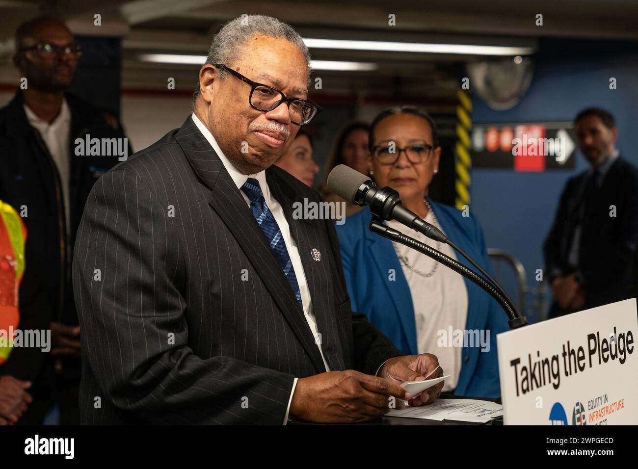 Dorval Carter Jr., Chicago Transit Authority President and Equity in Infrastructure Project Co-Chair speaks during MTA announcement at 14th street subway station in New York on March 7, 2024 Stock Photo