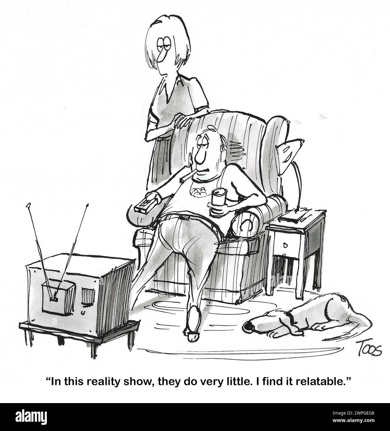 BW cartoon showing a very lazy man.  He finds the tv reality show relatable to his life. Stock Photo