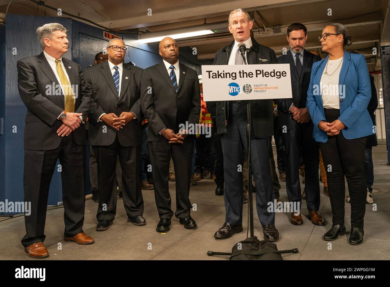 Janno Lieber, MTA Chair and CEO speaks during MTA announcement at 14th street subway station in New York on March 7, 2024. Dorval Carter Jr., Chicago Transit Authority President and Equity in Infrastructure Project Co-Chair, John Porcari, Equity in Infrastructure Project Co-Founder and Former U.S. Deputy Secretary of Transportation, Phillip Washington, Denver International Airport CEO and Equity in Infrastructure Project Chair, Janno Lieber, MTA Chair and CEO signed a pledge to promote minorities and women owned business to receive contracts to work on infrastructure projects for public transp Stock Photo