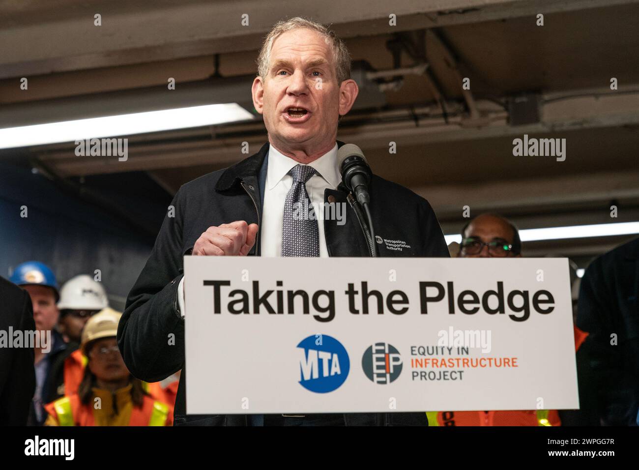 Janno Lieber, MTA Chair and CEO speaks during MTA announcement at 14th street subway station in New York on March 7, 2024. Dorval Carter Jr., Chicago Transit Authority President and Equity in Infrastructure Project Co-Chair, John Porcari, Equity in Infrastructure Project Co-Founder and Former U.S. Deputy Secretary of Transportation, Phillip Washington, Denver International Airport CEO and Equity in Infrastructure Project Chair, Janno Lieber, MTA Chair and CEO signed a pledge to promote minorities and women owned business to receive contracts to work on infrastructure projects for public transp Stock Photo