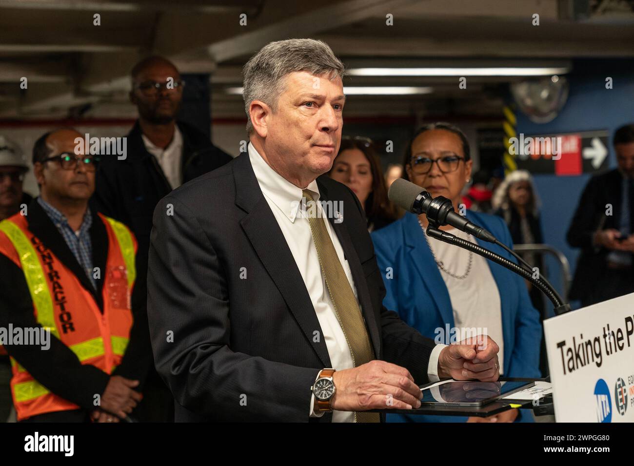 John Porcari, Equity in Infrastructure Project Co-Founder and Former U.S. Deputy Secretary of Transportation speaks during MTA announcement at 14th street subway station in New York on March 7, 2024. Dorval Carter Jr., Chicago Transit Authority President and Equity in Infrastructure Project Co-Chair, John Porcari, Equity in Infrastructure Project Co-Founder and Former U.S. Deputy Secretary of Transportation, Phillip Washington, Denver International Airport CEO and Equity in Infrastructure Project Chair, Janno Lieber, MTA Chair and CEO signed a pledge to promote minorities and women owned busin Stock Photo