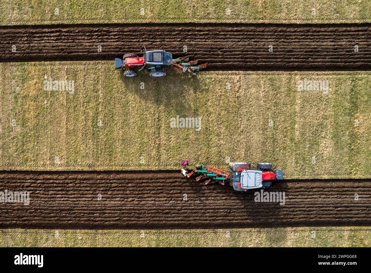 Aerial picture of a ploughing match in Kilmeen, West Cork, Ireland. Stock Photo