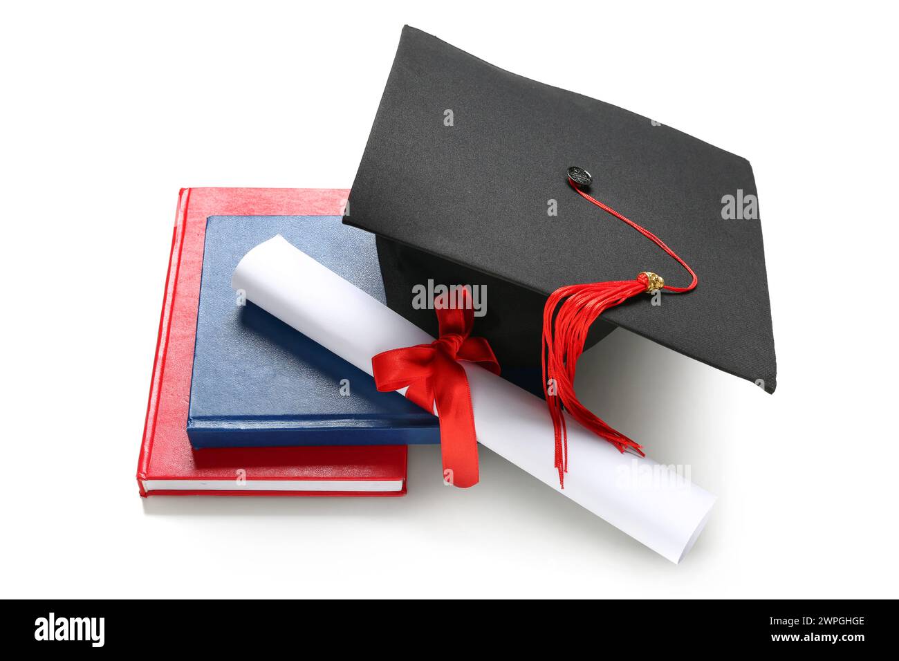 Mortar board with diploma and books on white background Stock Photo - Alamy