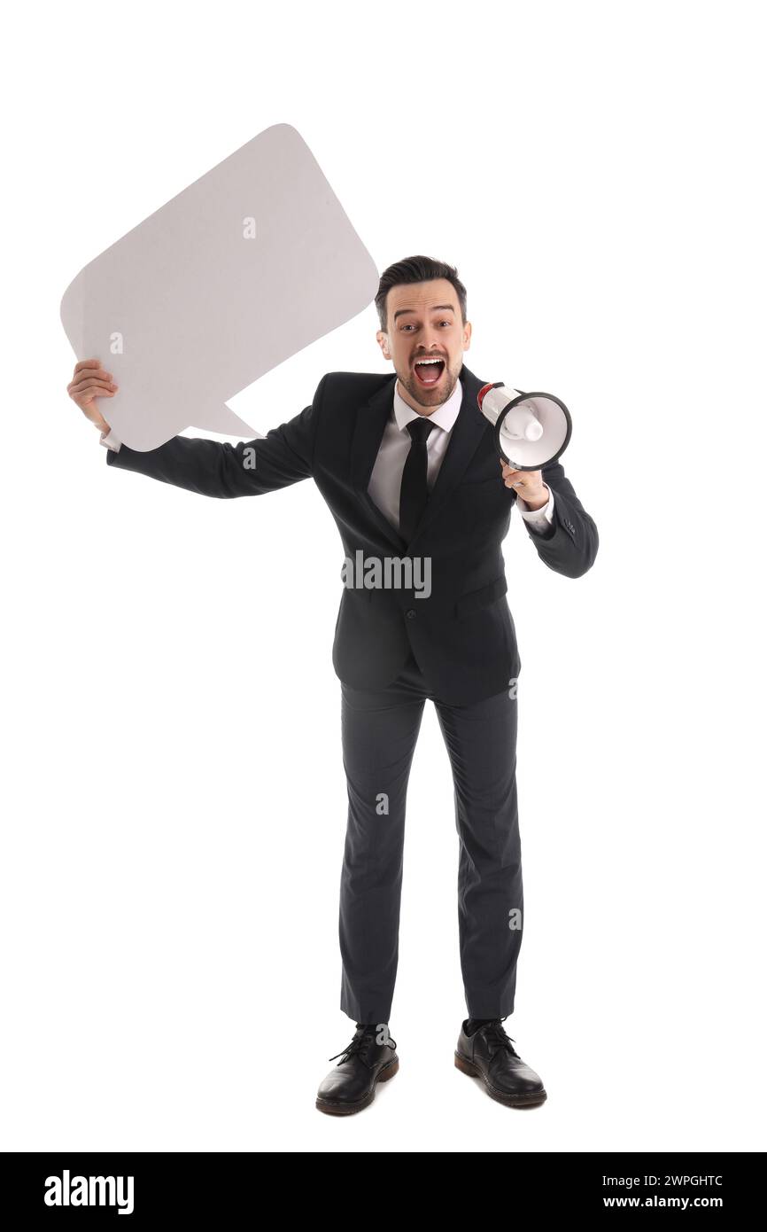 Funny businessman with speech bubble and megaphone isolated on white background Stock Photo