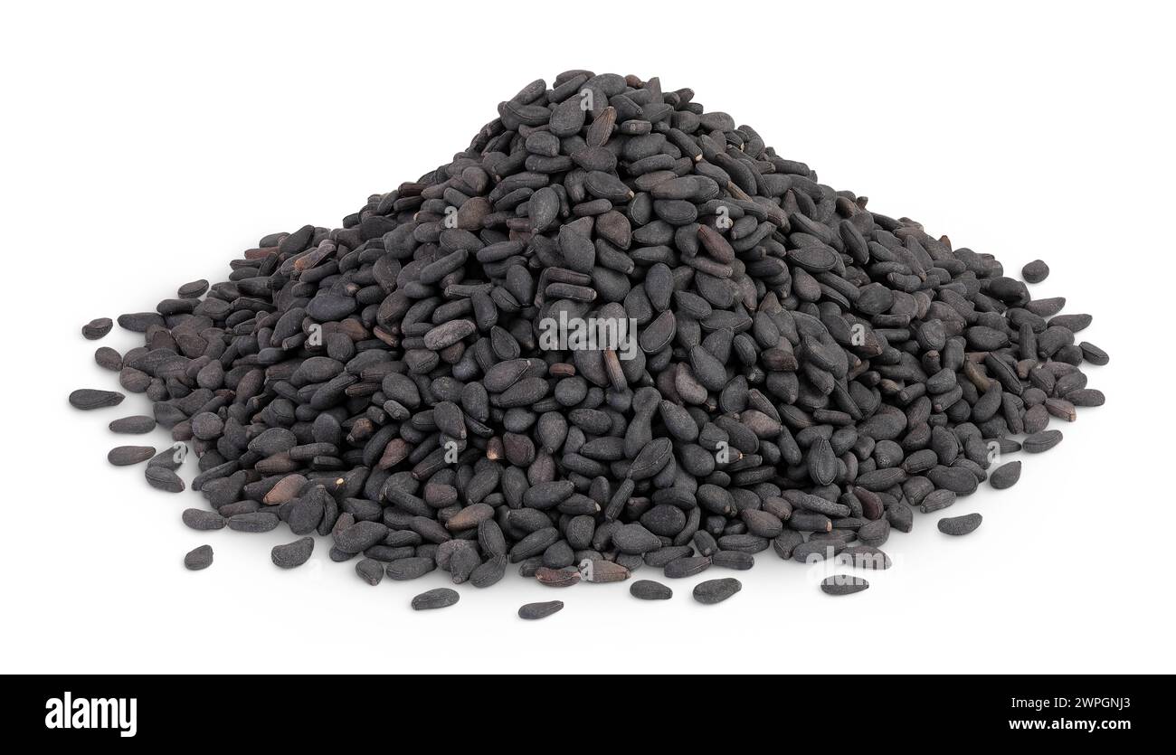 black sesame seeds isolated on white background with full depth of ...