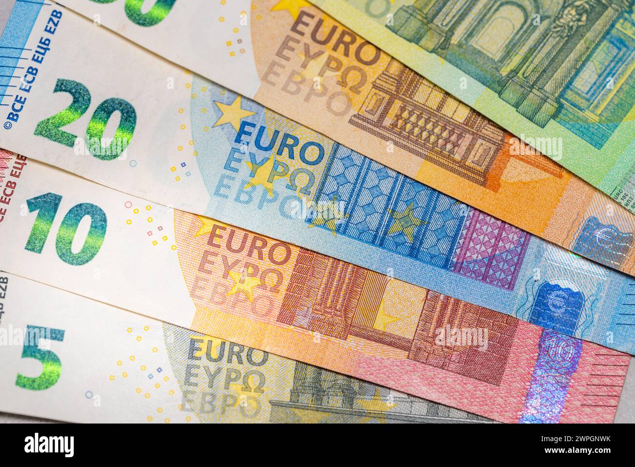 Different types of euro banknotes, Economics and fiscal policy of the euro zone, Flat lay, Financial and business concept Stock Photo