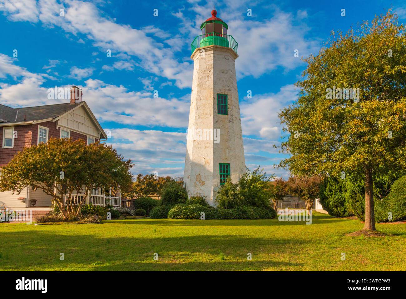 Old Point Comfort Lighthouse, built in 1803, at the entrance to Hampton Roads Harbor in Virginia inside Fort Monroe National Monument. Stock Photo