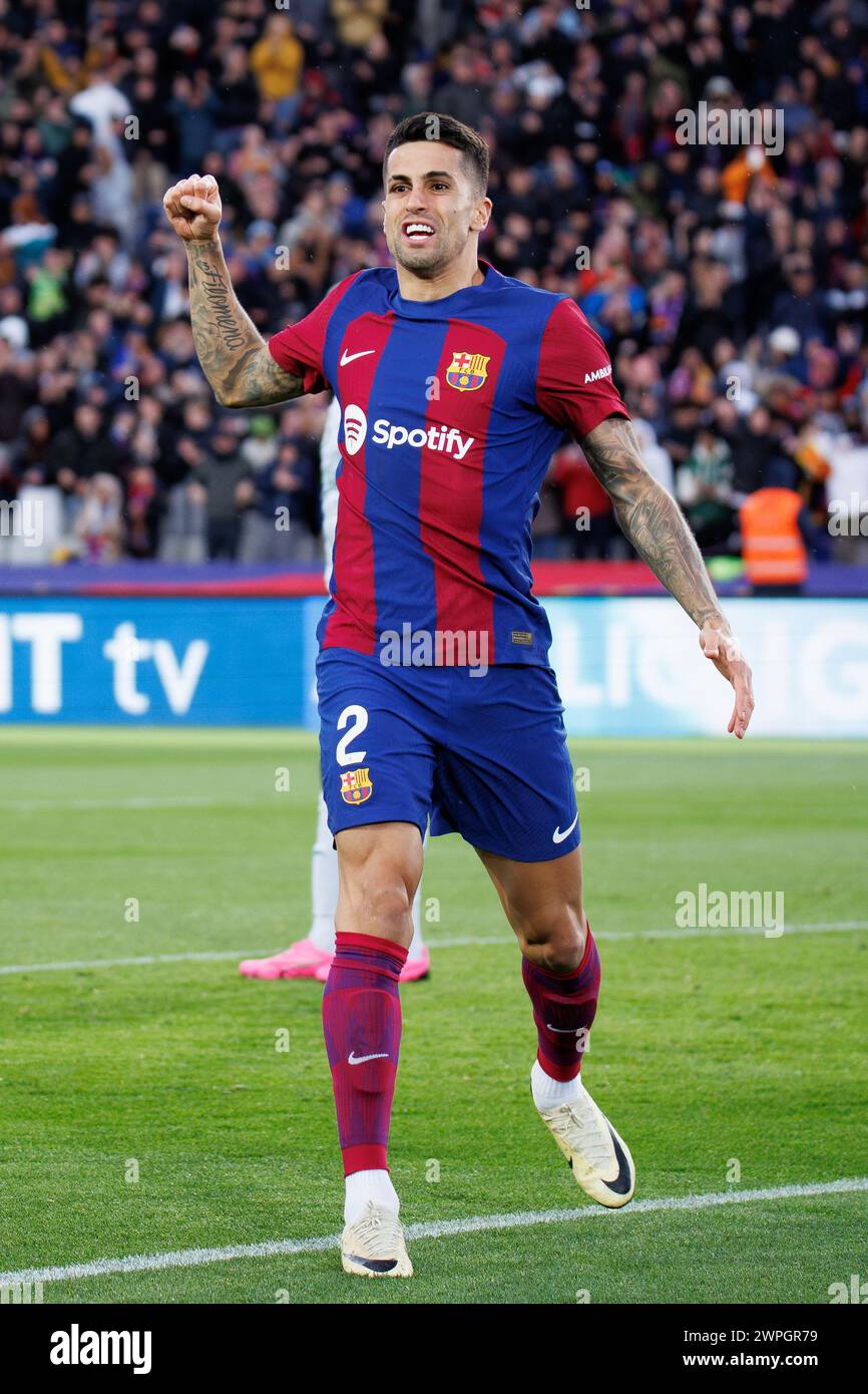 Barcelona, Spain. 24th Feb, 2024. Joao Cancelo celebrates after scoring a goal during the LaLiga EA Sports match between FC Barcelona and Getafe CF at Stock Photo