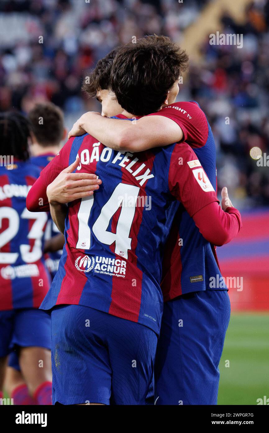Barcelona, Spain. 24th Feb, 2024. Joao Felix celebrates after scoring a goal during the LaLiga EA Sports match between FC Barcelona and Getafe CF at t Stock Photo