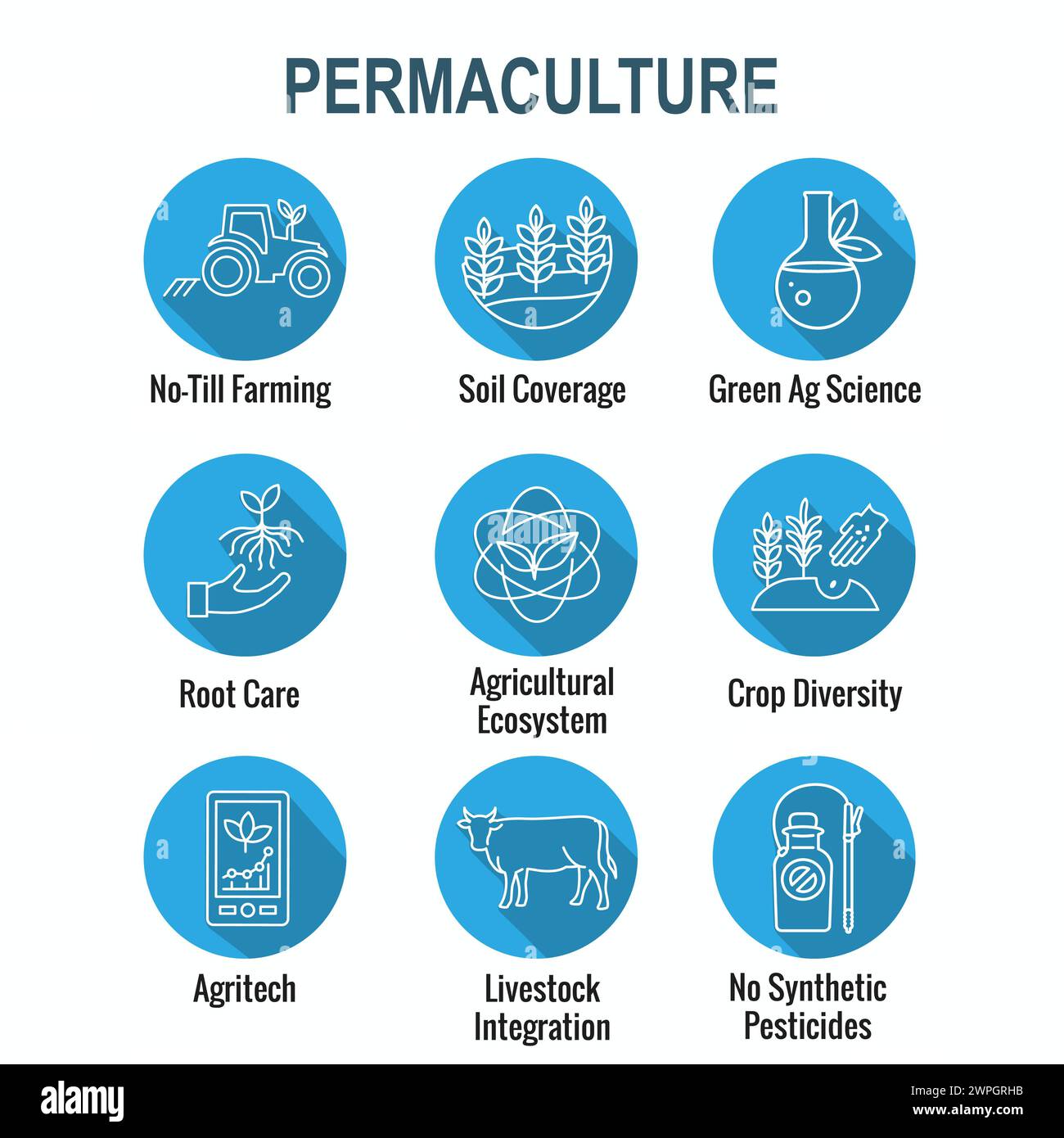 Sustainable Farming Icon Set with Maximizing Soil Coverage and Integrate Livestock-Examples for Regenerative Agriculture Icon Set Stock Vector