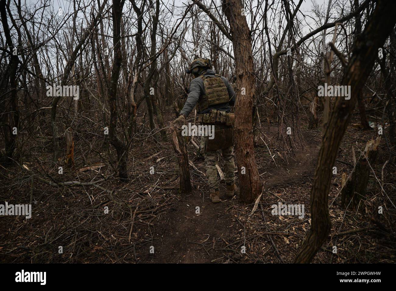 Kyiv, Donetsk Oblast, Ukraine. 7th Mar, 2024. Walking through a destroyed treeline, cassette bombs litter the forrest floor. Russian infantry positions are 100m away from Ukrainian lines. (Credit Image: © Madeleine Kelly/ZUMA Press Wire) EDITORIAL USAGE ONLY! Not for Commercial USAGE! Stock Photo