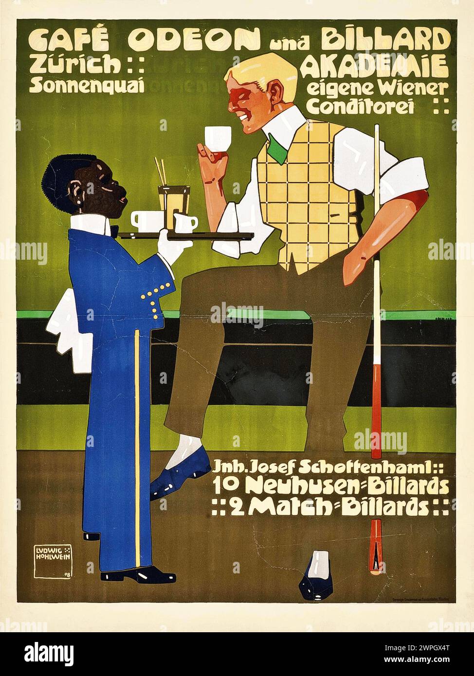 Vintage Advertising Poster Cafe Odeon and Billiard Academy in Zurich by Ludwig Hohlwein  1908.  Poster features a black african young boy dressed up in fancy clothing waiting on dandy drinking coffee Stock Photo