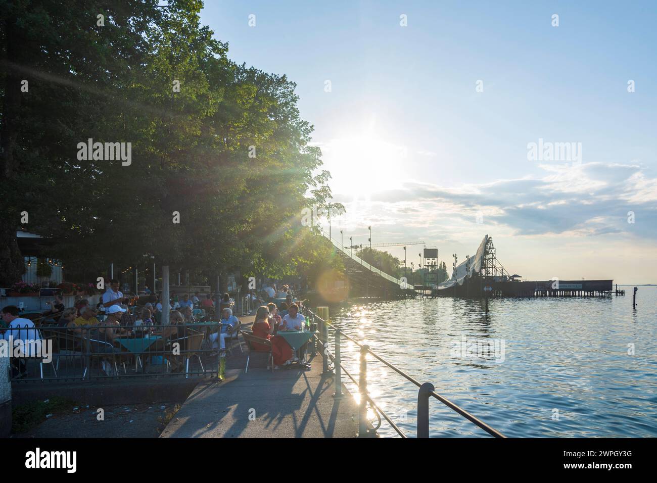 lake Bodensee Lake Constance, stage Seebühne, restaurant Wirtshaus am See Bregenz Bodensee Lake Constance Vorarlberg Austria Stock Photo