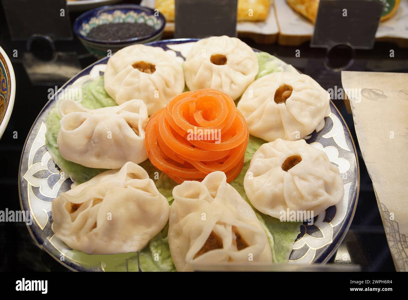 Manti is a type pf dumpling  found in Turkish cuisine and Central Asian cuisine but also in West Asia, South Caucasus and the Balcans in cafe of Istan Stock Photo