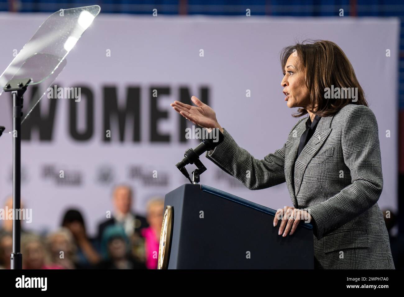 United States Vice President Kamala Harris addresses the crowd for the kick off of her nationwide "Fight for Reproductive Freedoms" tour Stock Photo