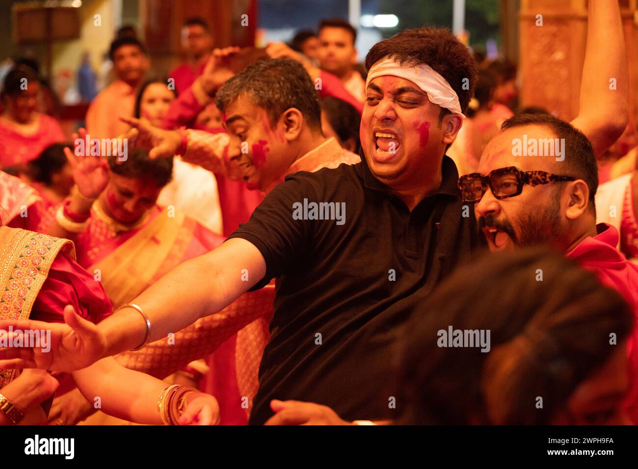 "Sindur Khela" is a cherished tradition among Bengali married women, celebrated on the final day of Durga Puja, known as Bijoya Dashami. Stock Photo