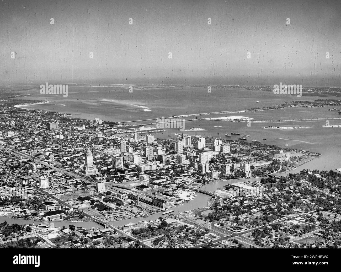 Aerial view of Miami, Florida and Causeway to Miami Beach 1933 Stock Photo