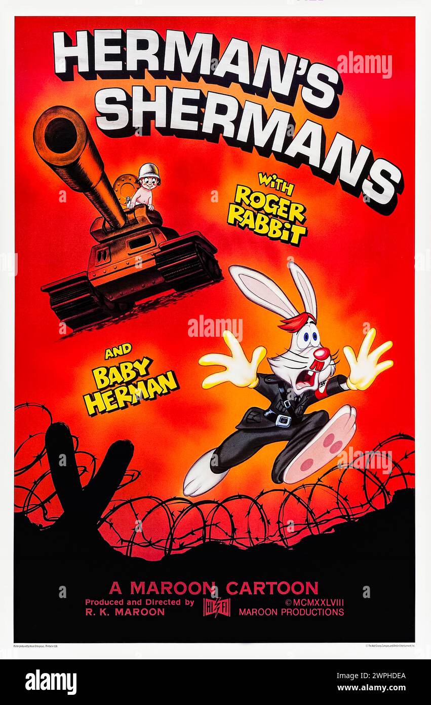 Herman's Shermans (1988) directed by R.K. Maroon and starring Charles Fleischer and April Winchell. Roger is a bumbling Gestapo officer, and sees that the American Army is so efficient that even Baby Herman can drive a Sherman tank, but chaos ensues in his efforts to defect. Photograph of an original 1988 US one sheet poster. ***EDITORIAL USE ONLY*** Credit: BFA / Walt Disney Studios Stock Photo