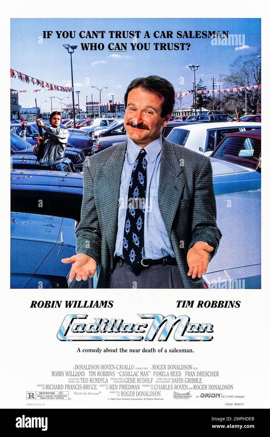 Cadillac Man (1990) directed by Roger Donaldson and starring Robin Williams, Tim Robbins and Pamela Reed. Car salesman Joey O'Brien whose life is consumed by turmoil, which all comes to a head when his dealership is taken hostage by Larry, a crazed motorcyclist. Photograph of an original 1990 US one sheet poster. ***EDITORIAL USE ONLY*** Credit: BFA / Orion Pictures Stock Photo