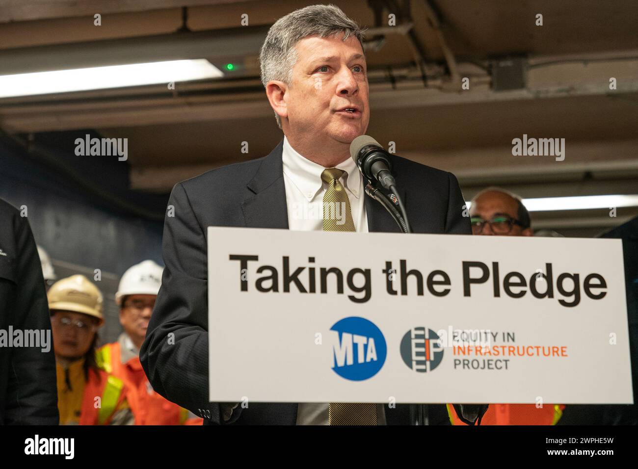 John Porcari, Equity in Infrastructure Project Co-Founder and Former U.S. Deputy Secretary of Transportation speaks during MTA announcement at 14th street subway station in New York. Dorval Carter Jr., Chicago Transit Authority President and Equity in Infrastructure Project Co-Chair, John Porcari, Equity in Infrastructure Project Co-Founder and Former U.S. Deputy Secretary of Transportation, Phillip Washington, Denver International Airport CEO and Equity in Infrastructure Project Chair, Janno Lieber, MTA Chair and CEO signed a pledge to promote minorities and women owned business to receive co Stock Photo