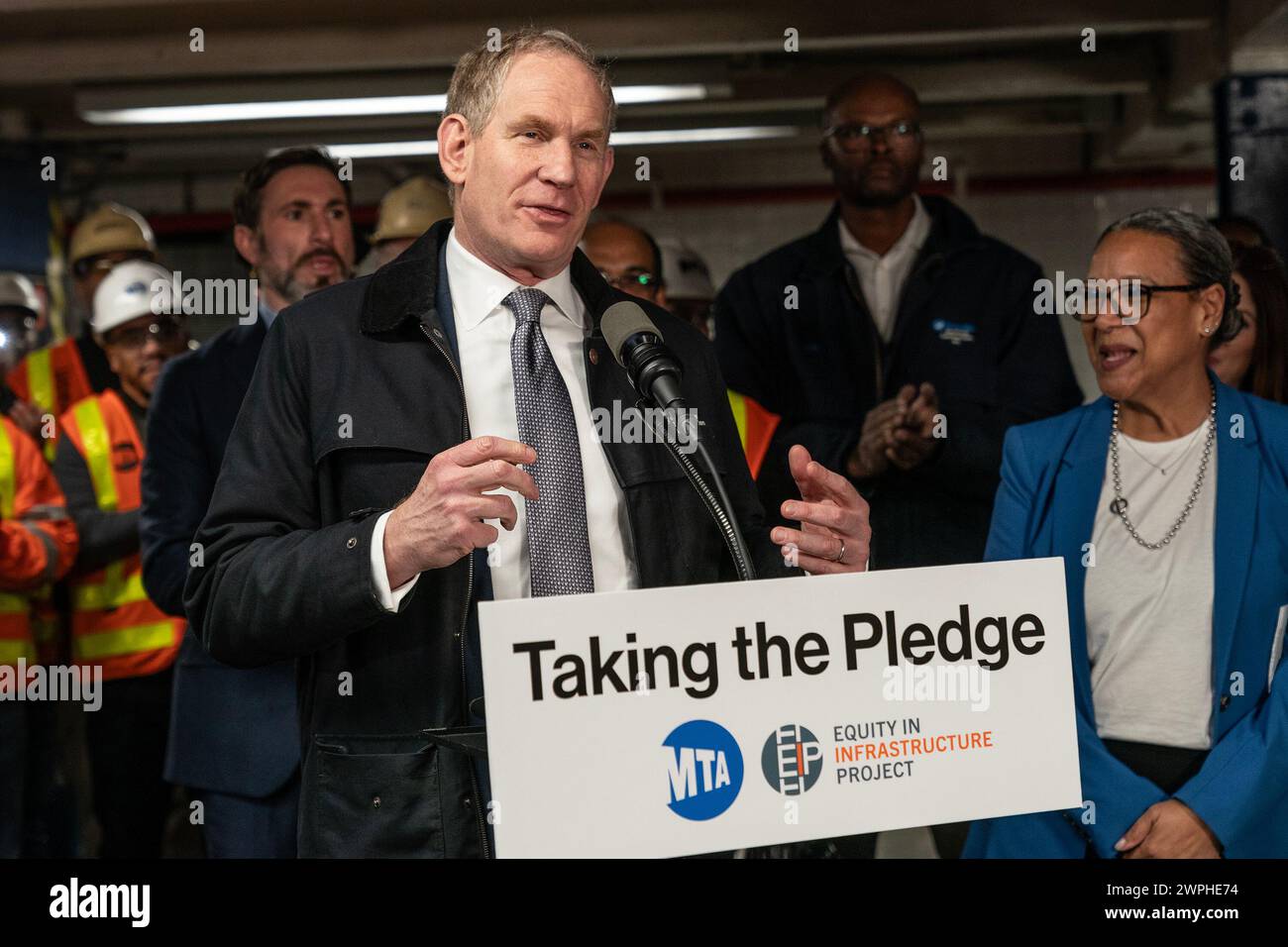 Janno Lieber, MTA Chair and CEO speaks during MTA announcement at 14th street subway station in New York. Dorval Carter Jr., Chicago Transit Authority President and Equity in Infrastructure Project Co-Chair, John Porcari, Equity in Infrastructure Project Co-Founder and Former U.S. Deputy Secretary of Transportation, Phillip Washington, Denver International Airport CEO and Equity in Infrastructure Project Chair, Janno Lieber, MTA Chair and CEO signed a pledge to promote minorities and women owned business to receive contracts to work on infrastructure projects for public transportation. (Photo Stock Photo