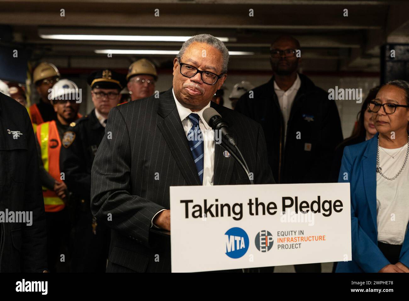 Dorval Carter Jr., Chicago Transit Authority President and Equity in Infrastructure Project Co-Chair speaks during MTA announcement at 14th street subway station in New York. Dorval Carter Jr., Chicago Transit Authority President and Equity in Infrastructure Project Co-Chair, John Porcari, Equity in Infrastructure Project Co-Founder and Former U.S. Deputy Secretary of Transportation, Phillip Washington, Denver International Airport CEO and Equity in Infrastructure Project Chair, Janno Lieber, MTA Chair and CEO signed a pledge to promote minorities and women owned business to receive contracts Stock Photo