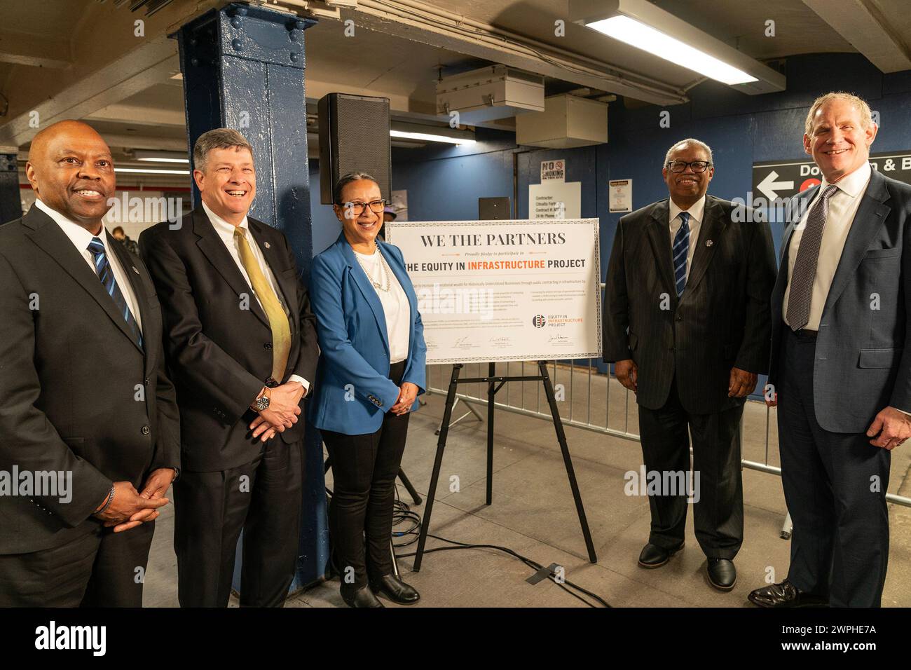 Phillip Washington, John Porcari, Lourdes Zapata, Dorval Carter Jr., Janno Lieber attend MTA announcement at 14th street subway station in New York. Dorval Carter Jr., Chicago Transit Authority President and Equity in Infrastructure Project Co-Chair, John Porcari, Equity in Infrastructure Project Co-Founder and Former U.S. Deputy Secretary of Transportation, Phillip Washington, Denver International Airport CEO and Equity in Infrastructure Project Chair, Janno Lieber, MTA Chair and CEO signed a pledge to promote minorities and women owned business to receive contracts to work on infrastructure Stock Photo