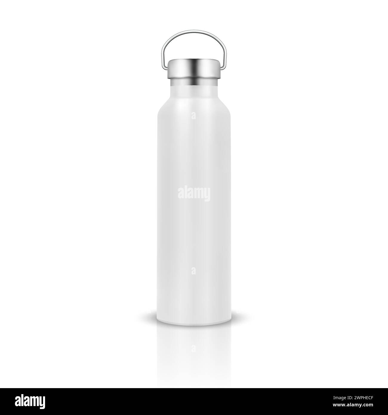 Vector Realistic 3d White Color Metal or Plastic Blank Glossy Reusable Water Bottle with Silver Bung Closeup Isolated on White Background. Design Stock Vector