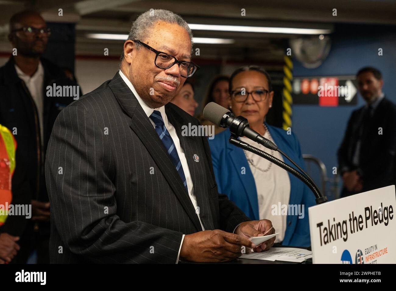 New York, New York, USA. 7th Mar, 2024. Dorval Carter Jr., Chicago Transit Authority President and Equity in Infrastructure Project Co-Chair speaks during MTA announcement at 14th street subway station in New York. Dorval Carter Jr., Chicago Transit Authority President and Equity in Infrastructure Project Co-Chair, John Porcari, Equity in Infrastructure Project Co-Founder and Former U.S. Deputy Secretary of Transportation, Phillip Washington, Denver International Airport CEO and Equity in Infrastructure Project Chair, Janno Lieber, MTA Chair and CEO signed a pledge to promote minorit Stock Photo