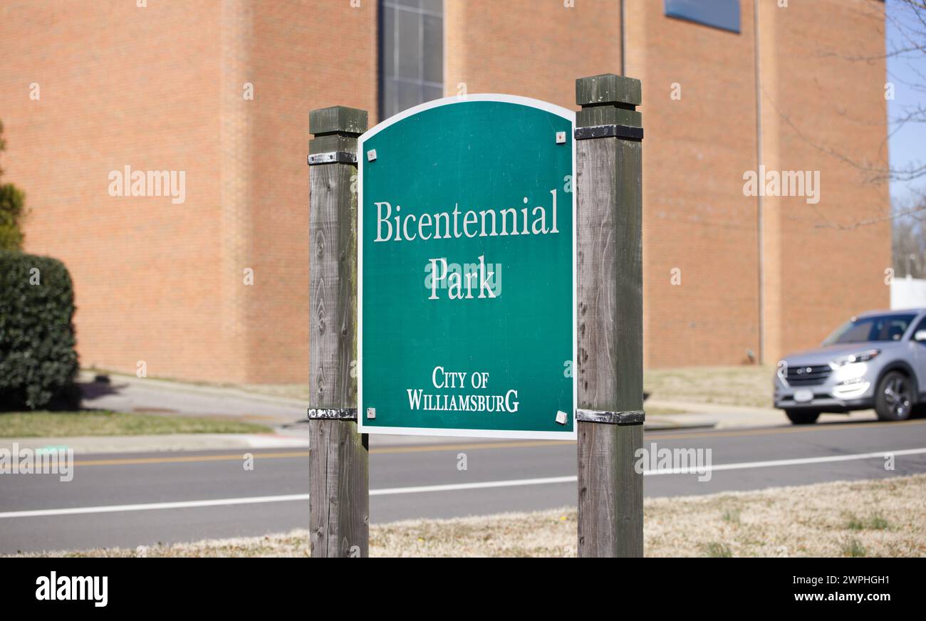A Green Bicentennial Park Sign in Williamsburg, Virginia Stock Photo