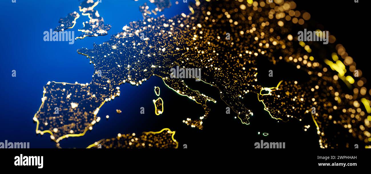 Conceptual background of the night view of Europe from space. 3d rendering Stock Photo