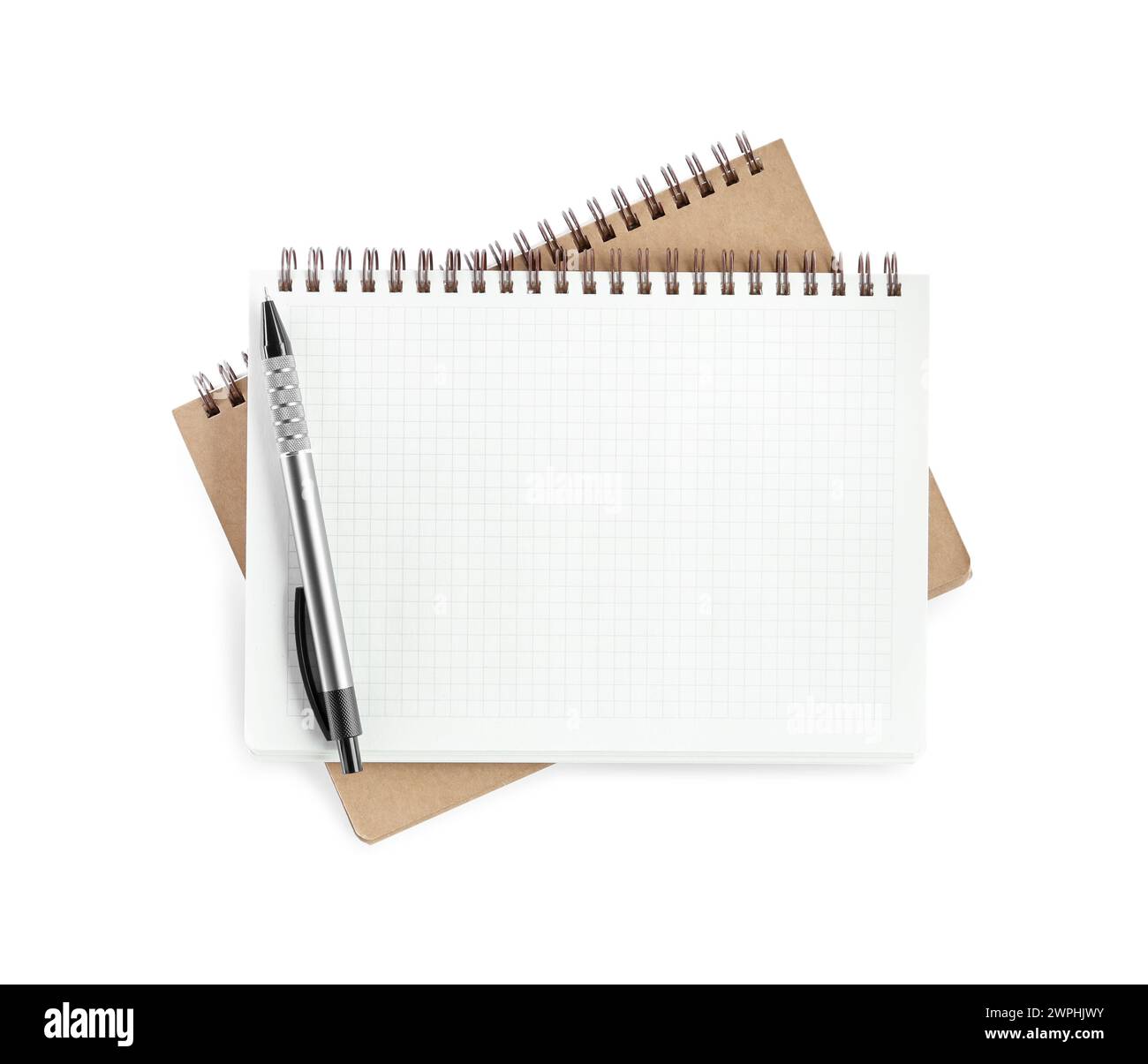 Two notebooks and pen isolated on white, top view Stock Photo