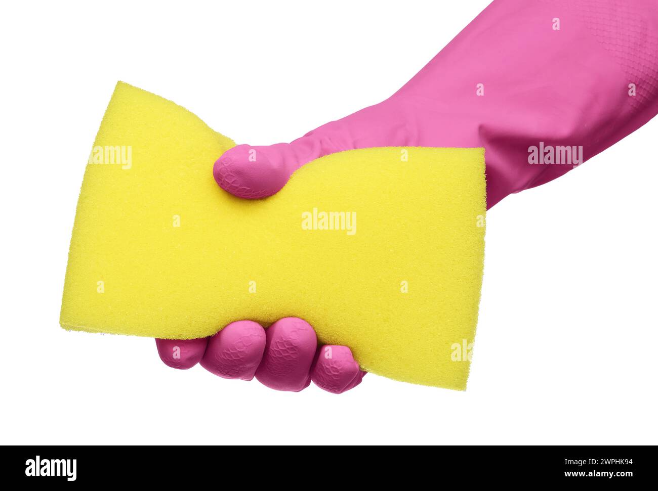 Cleaner in rubber glove holding new yellow sponge on white background ...